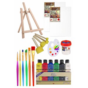 Mini Şövale 25x35 2 Li Tuval Artdeco 6 Renk Akrilik Boya Başlangıç Seti Fırça Palet Ponpon Su Kabı Masaüstü Sanatsal