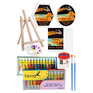 Kare Yuvarlak Ve Altıgen Tuval 30 Cm Fanart 12 Renk 12 Ml Tüp Akrilik Boya Şövale 1 Paket Arkadan Zımbalı 30x30 Cm Tuval