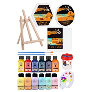 Kare Yuvarlak Ve Altıgen Tuval 30 Cm 12 Renk 75 Ml Akrilik Boya Şövale 1 Paket 30x30 Cm Arkadan Zımbalı Astarlı Resim