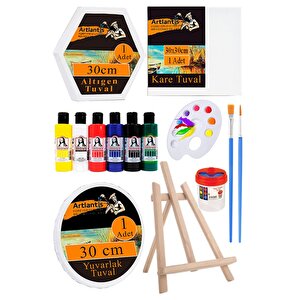 Kare Yuvarlak Ve Altıgen Tuval 30 Cm 6 Renk Akrilik Boya Şövale 1 Paket 30x30 Cm Arkadan Zımbalı Astarlı Resim Tuvali