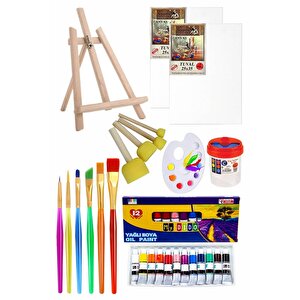 Mini Şövale 25x35 2 Li Tuval Mydido 12 Renk Yağlı Boya Başlangıç Seti Fırça Palet Ponpon Su Kabı Masaüstü Sanatsal