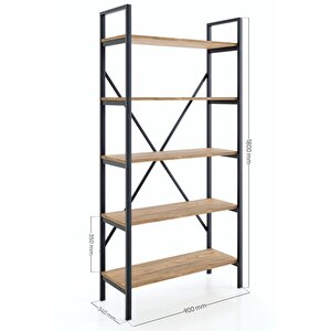 Metal Ayaklı 5 Raflı Kitaplık - 90x180cm - Çam
