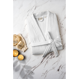 Unisex Kimono 4 Kat Müslin Bornoz Beyaz