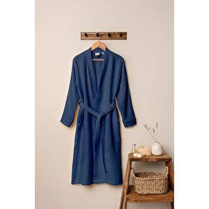 Unisex Kimono 4 Kat Müslin Bornoz Lacivert