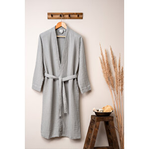 Unisex Kimono 4 Kat Müslin Bornoz Gri