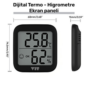 Vit İç Mekan Dijital Isı Ve Nem Ölçer Siyah Termometre Bvt17