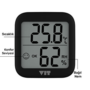 Vit İç Mekan Dijital Isı Ve Nem Ölçer Siyah Termometre Bvt17