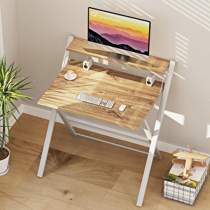 Metal Ayaklı Laptop Masası, Katlanır Çalışma Masası, Raflı Masa, Katlanır Laptop Sehpası ÇAM Atlantik Çam