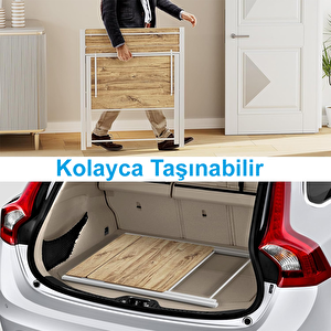 Metal Ayaklı Laptop Masası, Katlanır Çalışma Masası, Raflı Masa, Katlanır Laptop Sehpası ÇAM Atlantik Çam