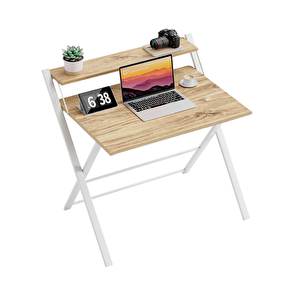 Metal Ayaklı Laptop Masası, Katlanır Çalışma Masası, Raflı Masa, Katlanır Laptop Sehpası ÇAM Atlantik Çam