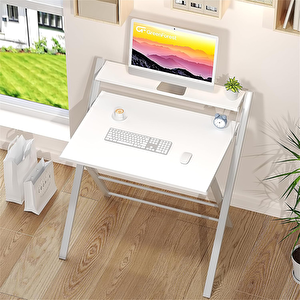 Metal Ayaklı Laptop Masası, Katlanır Çalışma Masası, Raflı Masa, Katlanır Laptop Sehpası Beyaz Siyah