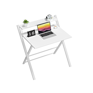 Metal Ayaklı Laptop Masası, Katlanır Çalışma Masası, Raflı Masa, Katlanır Laptop Sehpası Beyaz Siyah