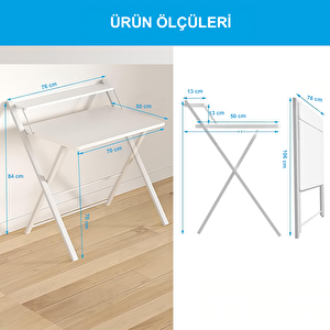 Metal Ayaklı Laptop Masası, Katlanır Çalışma Masası, Raflı Masa, Katlanır Laptop Sehpası Beyaz