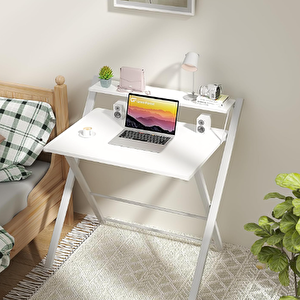 Metal Ayaklı Laptop Masası, Katlanır Çalışma Masası, Raflı Masa, Katlanır Laptop Sehpası Beyaz