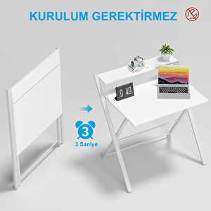 Metal Ayaklı Laptop Masası, Katlanır Çalışma Masası, Raflı Masa, Katlanır Laptop Sehpası Beyaz