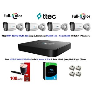 2mp Dahili Sesli Ve Gece Renkli 4 Kameralı 4tb Disk Tak Çalıştır Hazır Ip Kamera Seti