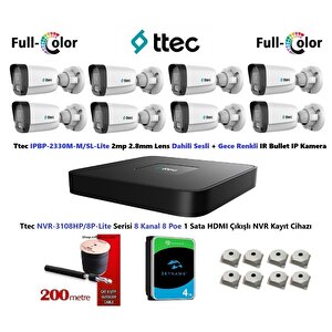 2mp Dahili Sesli Ve Gece Renkli 8 Kameralı 4tb Disk Tak Çalıştır Hazır Ip Kamera Seti