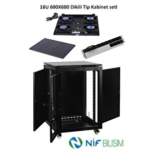 Ulusal 16u 600x600 Dikili Tip Kabinet Seti Tekerlek Takımı 4lü Fan 9lu Priz Sabit Raf Dahil Set