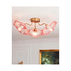 Luxury Modern Exclusive Tasarım Lila Renkli Kristal Camlı Avize Flower Çiçek Üçlü Eskitme Gold Sarı