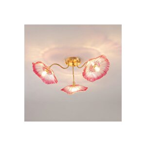 Luxury Modern Exclusive Tasarım Lila Renkli Kristal Camlı Avize Flower Çiçek Üçlü Eskitme Gold Sarı