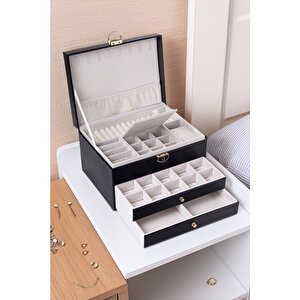 Modern 2 Çekmeceli Takı Mücevher Kutusu Organizer Düzenleyici Siyah 13 X 23 X 10 Cm