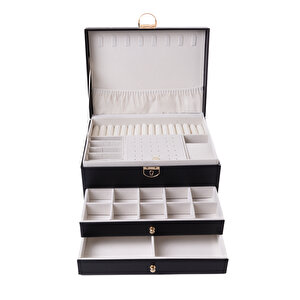 Modern 2 Çekmeceli Takı Mücevher Kutusu Organizer Düzenleyici Siyah 13 X 23 X 10 Cm