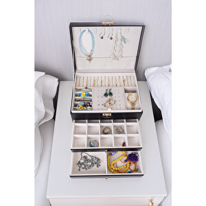 Ecrou Modern 2 Çekmeceli Takı Mücevher Kutusu Organizer Düzenleyici Siyah 13 X 23 X 10 Cm