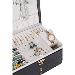 Ecrou Modern 2 Çekmeceli Takı Mücevher Kutusu Organizer Düzenleyici Siyah 13 X 23 X 10 Cm