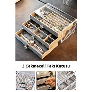 Modern 3 Çekmeceli Takı Bijuteri Mücevher Kutusu Organizer Düzenleyici Şeffaf 13 X 23 X 10 Cm