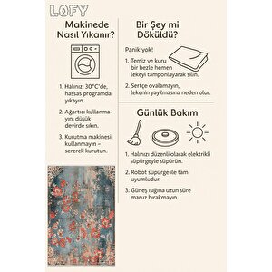 Pamuk Tabanlı Kaymaz Halı – Mavi; Kırmızı; Bej – Floral Desen, Pamuk Dokuma Taban, Makinede Yıkanabilir, Kolay Temizlenebilir, Toz Ve Tüy Tutmaz, Kaymaz, Evcil Hayvan Dostu