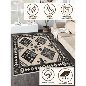 Pamuk Dokuma Taban Halı – Siyah; Bej – Patchwork Desen, Makinede Yıkanabilir, Kolay Temizlenebilir, Toz Ve Tüy Tutmaz, Kaymaz, Evcil Hayvan Dostu 200x220 cm
