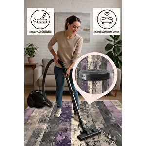 Pamuk Dokuma Taban Halı – Mor; Bej; Gri – Geometric Desen, Makinede Yıkanabilir, Kolay Temizlenebilir, Toz Ve Tüy Tutmaz, Kaymaz, Evcil Hayvan Dostu