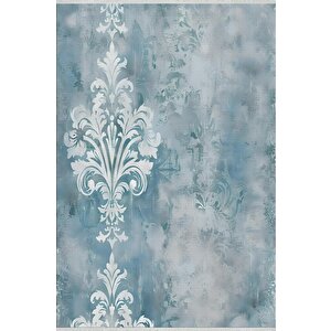 Pamuk Dokuma Taban Halı – Mavi; Beyaz – Damask Desen, Makinede Yıkanabilir, Kolay Temizlenebilir, Toz Ve Tüy Tutmaz, Kaymaz, Evcil Hayvan Dostu 160x180 cm
