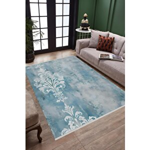 Pamuk Dokuma Taban Halı – Mavi; Beyaz – Damask Desen, Makinede Yıkanabilir, Kolay Temizlenebilir, Toz Ve Tüy Tutmaz, Kaymaz, Evcil Hayvan Dostu 160x180 cm