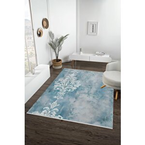 Pamuk Dokuma Taban Halı – Mavi; Beyaz – Damask Desen, Makinede Yıkanabilir, Kolay Temizlenebilir, Toz Ve Tüy Tutmaz, Kaymaz, Evcil Hayvan Dostu 160x180 cm