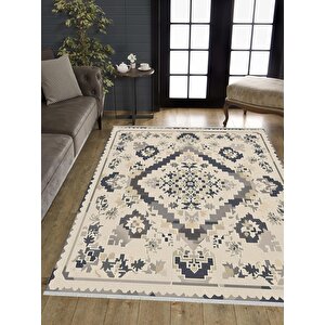 Pamuk Dokuma Taban Halı – Krem; Gri – Geleneksel Desen, Makinede Yıkanabilir, Kolay Temizlenebilir, Toz Ve Tüy Tutmaz, Kaymaz, Evcil Hayvan Dostu 80x80 cm