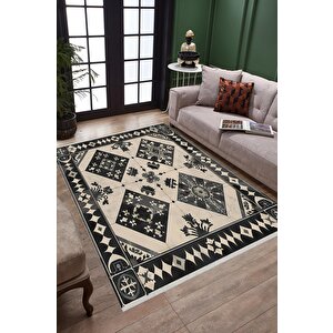 Pamuk Dokuma Taban Halı – Siyah; Bej – Patchwork Desen, Makinede Yıkanabilir, Kolay Temizlenebilir, Toz Ve Tüy Tutmaz, Kaymaz, Evcil Hayvan Dostu