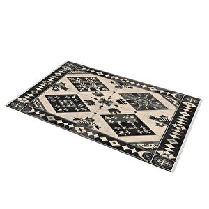 Pamuk Dokuma Taban Halı – Siyah; Bej – Patchwork Desen, Makinede Yıkanabilir, Kolay Temizlenebilir, Toz Ve Tüy Tutmaz, Kaymaz, Evcil Hayvan Dostu