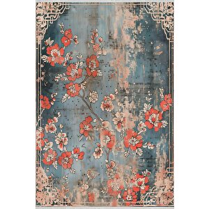 Pamuk Tabanlı Kaymaz Halı – Mavi; Kırmızı; Bej – Floral Desen, Pamuk Dokuma Taban, Makinede Yıkanabilir, Kolay Temizlenebilir, Toz Ve Tüy Tutmaz, Kaymaz, Evcil Hayvan Dostu