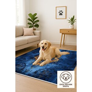 Pamuk Dokuma Taban Halı – Mavi; Sarı; Siyah – Geleneksel Desen, Makinede Yıkanabilir, Kolay Temizlenebilir, Toz Ve Tüy Tutmaz, Kaymaz, Evcil Hayvan Dostu