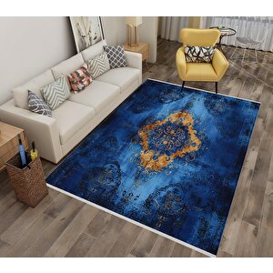 Pamuk Dokuma Taban Halı – Mavi; Sarı; Siyah – Geleneksel Desen, Makinede Yıkanabilir, Kolay Temizlenebilir, Toz Ve Tüy Tutmaz, Kaymaz, Evcil Hayvan Dostu