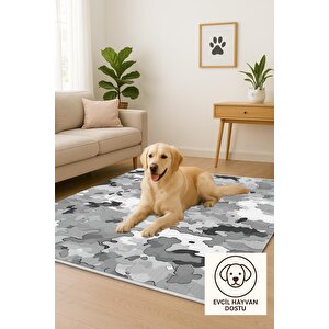 Pamuk Dokuma Taban Halı – Gri; Siyah; Beyaz – Kamuflaj Desen, Makinede Yıkanabilir, Kolay Temizlenebilir, Toz Ve Tüy Tutmaz, Kaymaz, Evcil Hayvan Dostu 120x180 cm