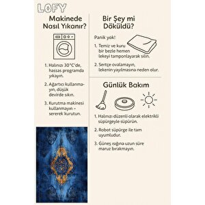 Pamuk Dokuma Taban Halı – Mavi; Sarı; Siyah – Geleneksel Desen, Makinede Yıkanabilir, Kolay Temizlenebilir, Toz Ve Tüy Tutmaz, Kaymaz, Evcil Hayvan Dostu