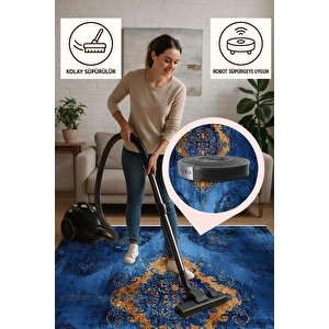 Pamuk Dokuma Taban Halı – Mavi; Sarı; Siyah – Geleneksel Desen, Makinede Yıkanabilir, Kolay Temizlenebilir, Toz Ve Tüy Tutmaz, Kaymaz, Evcil Hayvan Dostu