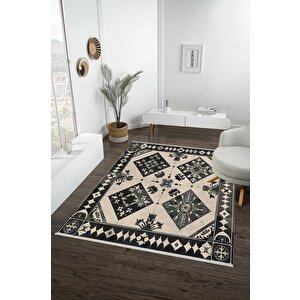 Pamuk Dokuma Taban Halı – Siyah; Bej – Patchwork Desen, Makinede Yıkanabilir, Kolay Temizlenebilir, Toz Ve Tüy Tutmaz, Kaymaz, Evcil Hayvan Dostu