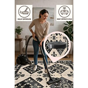 Pamuk Dokuma Taban Halı – Siyah; Bej – Patchwork Desen, Makinede Yıkanabilir, Kolay Temizlenebilir, Toz Ve Tüy Tutmaz, Kaymaz, Evcil Hayvan Dostu