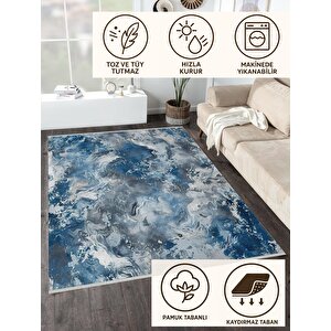 Pamuk Dokuma Taban Halı – Mavi; Beyaz; Gri – Mermer Desen, Makinede Yıkanabilir, Kolay Temizlenebilir, Toz Ve Tüy Tutmaz, Kaymaz, Evcil Hayvan Dostu