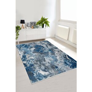 Pamuk Dokuma Taban Halı – Mavi; Beyaz; Gri – Mermer Desen, Makinede Yıkanabilir, Kolay Temizlenebilir, Toz Ve Tüy Tutmaz, Kaymaz, Evcil Hayvan Dostu