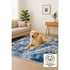 Pamuk Dokuma Taban Halı – Mavi; Beyaz; Gri – Mermer Desen, Makinede Yıkanabilir, Kolay Temizlenebilir, Toz Ve Tüy Tutmaz, Kaymaz, Evcil Hayvan Dostu