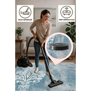 Pamuk Dokuma Taban Halı – Mavi; Beyaz – Damask Desen, Makinede Yıkanabilir, Kolay Temizlenebilir, Toz Ve Tüy Tutmaz, Kaymaz, Evcil Hayvan Dostu